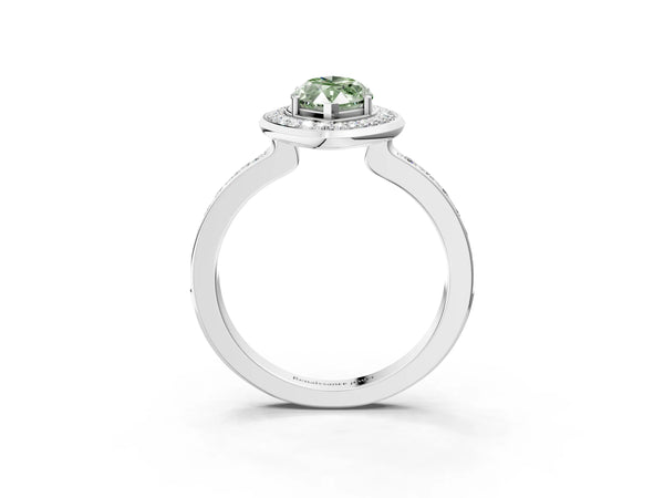 White gold Fancy Green Marquise Cut Diamond Halo Ring with Bezel Frame and Pavé Band