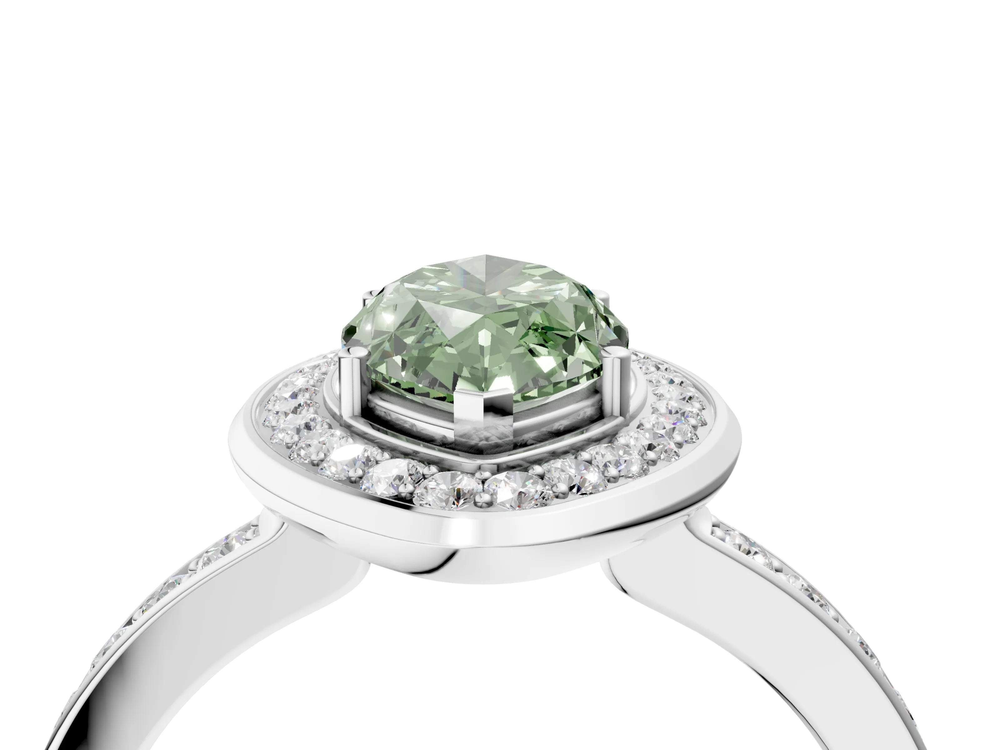 White gold Fancy Green Marquise Cut Diamond Halo Ring with Bezel Frame and Pavé Band_4