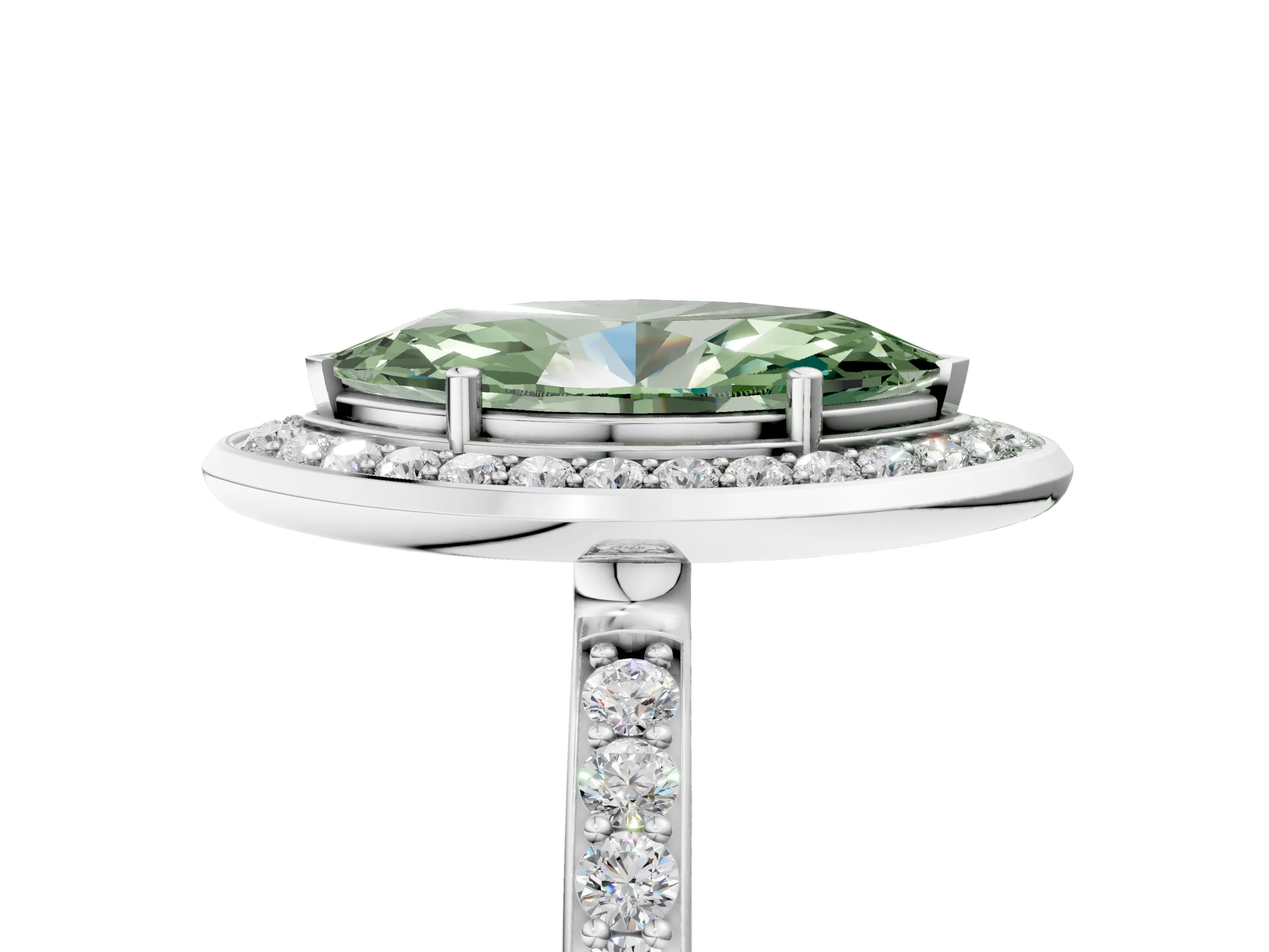 White gold Fancy Green Marquise Cut Diamond Halo Ring with Bezel Frame and Pavé Band_5