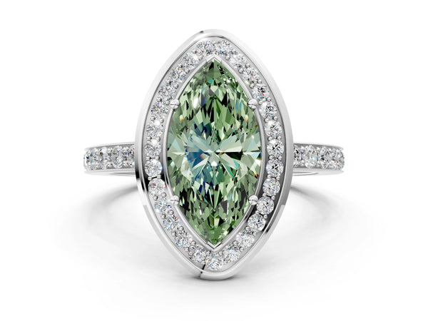 White gold Fancy Green Marquise Cut Diamond Halo Ring with Bezel Frame and Pavé Band