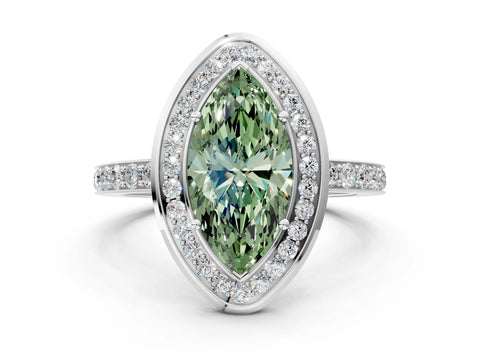 White gold Fancy Green Marquise Cut Diamond Halo Ring with Bezel Frame and Pavé Band