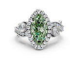 White gold Fancy Green Marquise Cut Diamond Halo Ring with Milgrain Pavé Band and Four-Prong Setting_66
