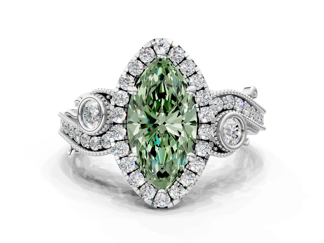 White gold Fancy Green Marquise Cut Diamond Halo Ring with Milgrain Pavé Band and Four-Prong Setting_77