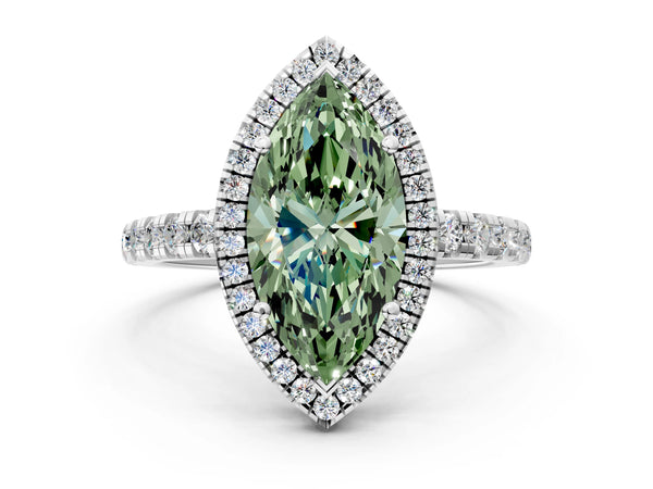Platinum Fancy Green Marquise Cut Diamond Halo Ring with Pavé Band and Four-Prong Setting