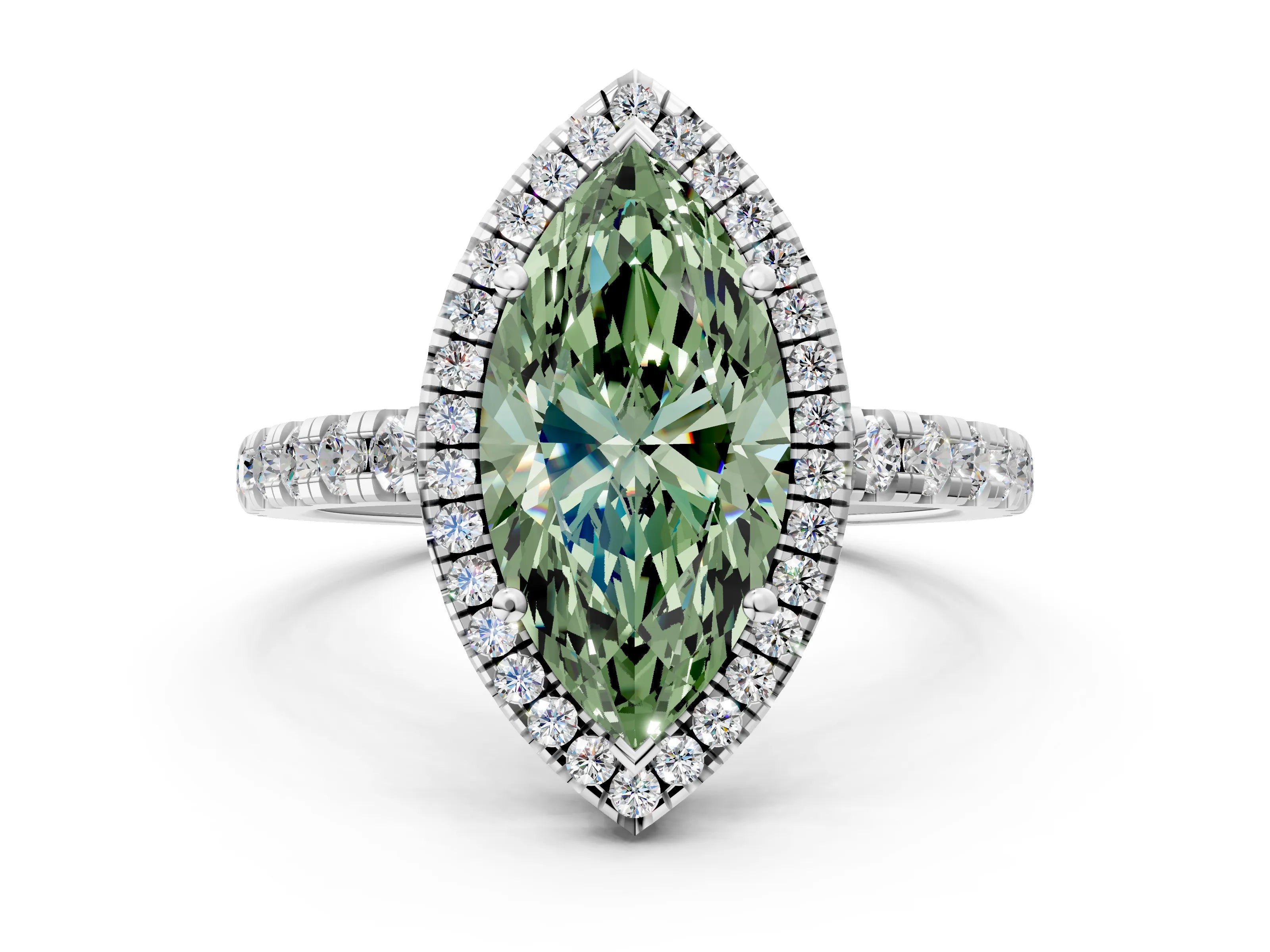 White gold Fancy Green Marquise Cut Diamond Halo Ring with Pavé Band and Four-Prong Setting_12