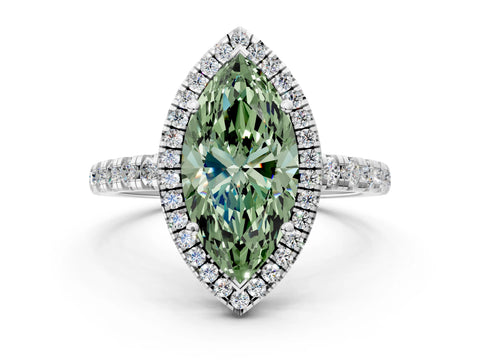White gold Fancy Green Marquise Cut Diamond Halo Ring with Pavé Band and Four-Prong Setting_12