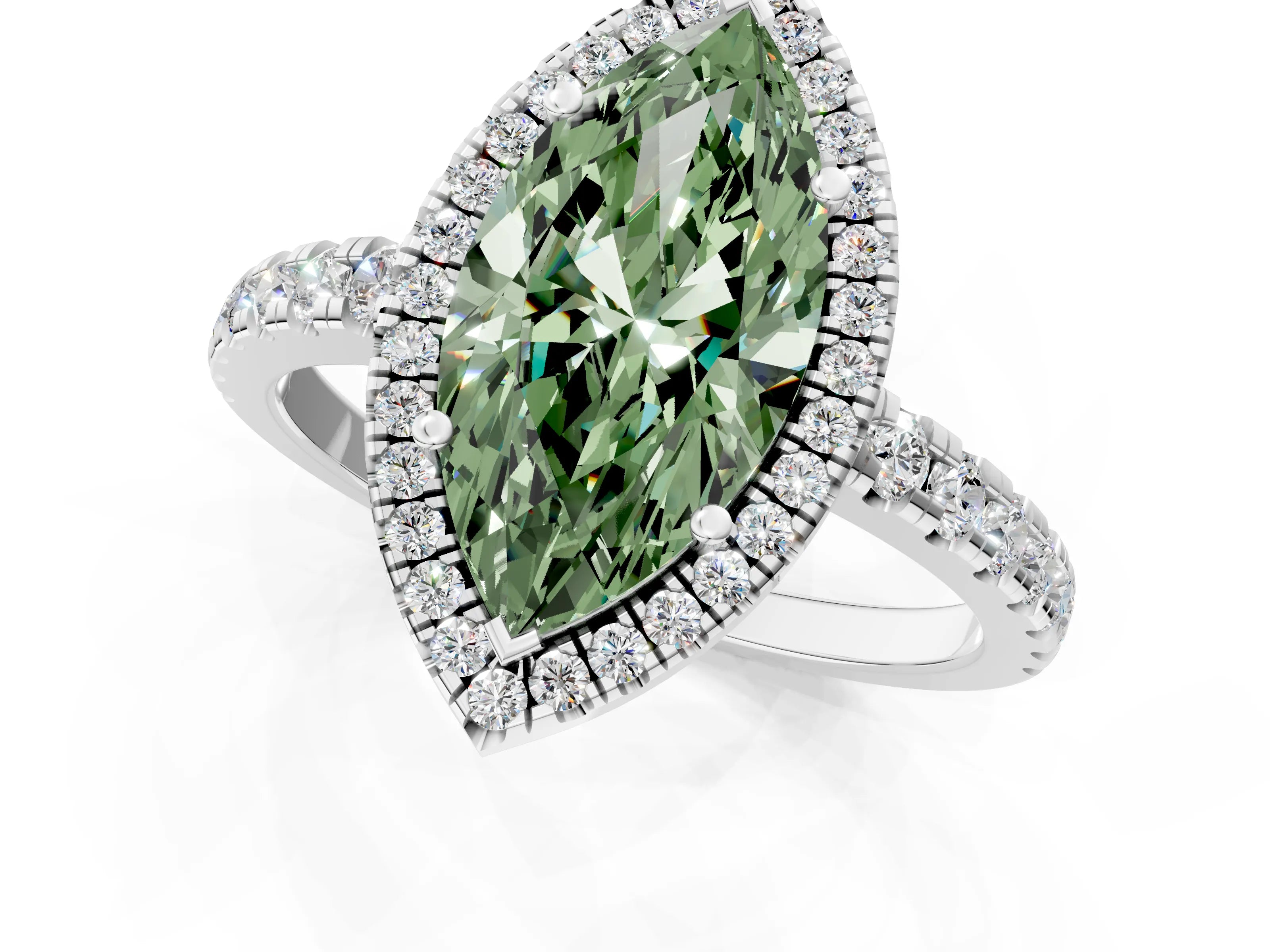 White gold Fancy Green Marquise Cut Diamond Halo Ring with Pavé Band and Four-Prong Setting_13