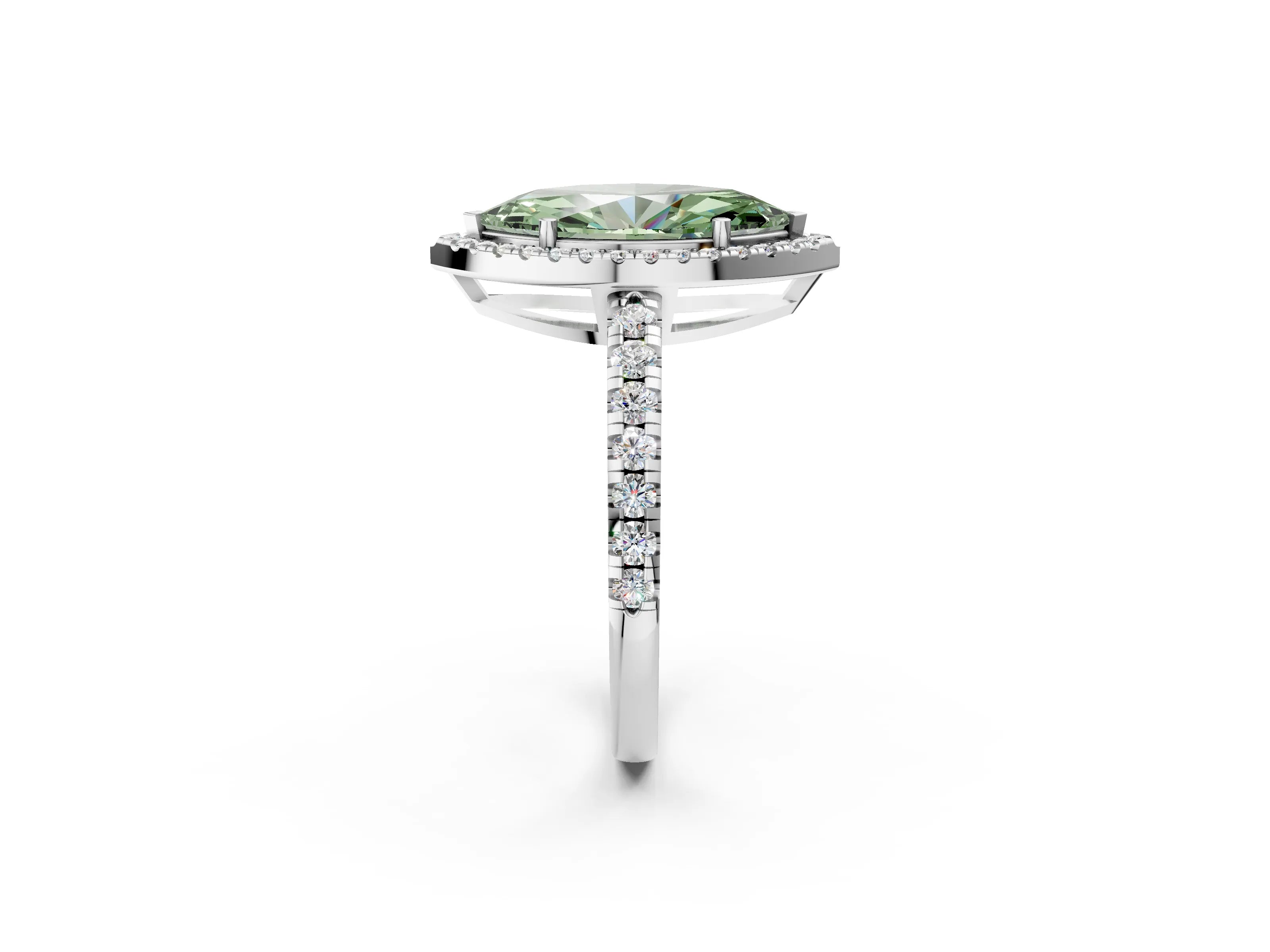 White gold Fancy Green Marquise Cut Diamond Halo Ring with Pavé Band and Four-Prong Setting_14