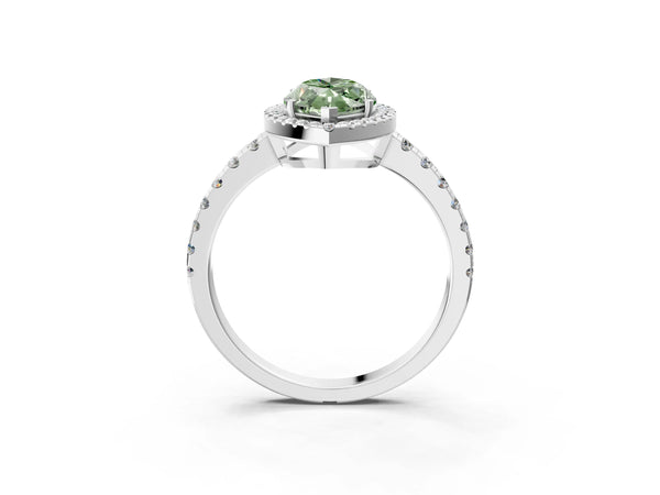 Platinum Fancy Green Marquise Cut Diamond Halo Ring with Pavé Band and Four-Prong Setting