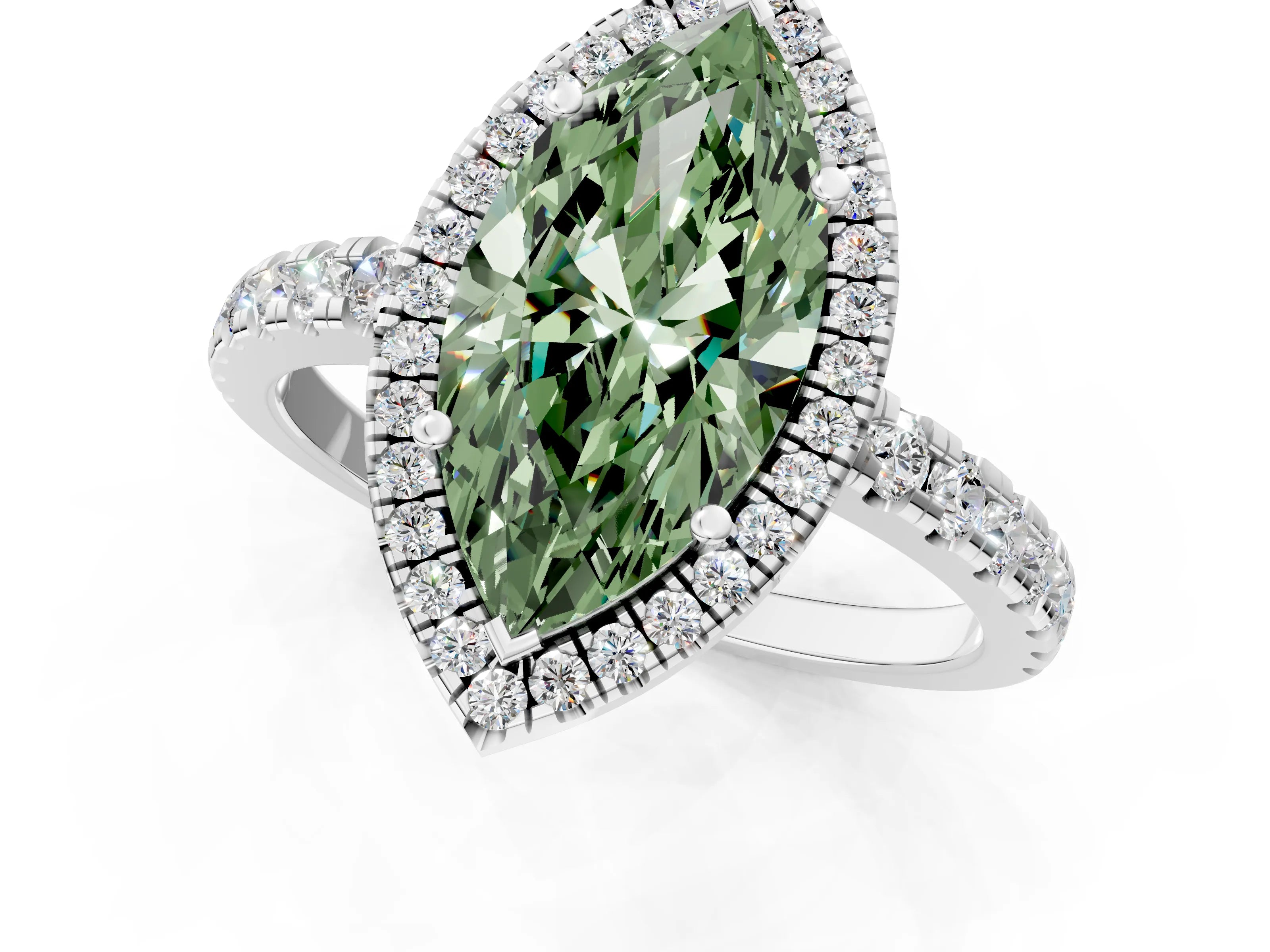 White gold Fancy Green Marquise Cut Diamond Halo Ring with Pavé Band and Four-Prong Setting_1