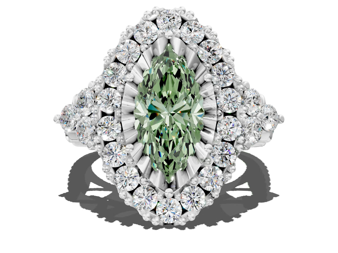 White gold Fancy Green Marquise Cut Diamond Halo Ring with Pavé Band and Four-Prong Setting_50