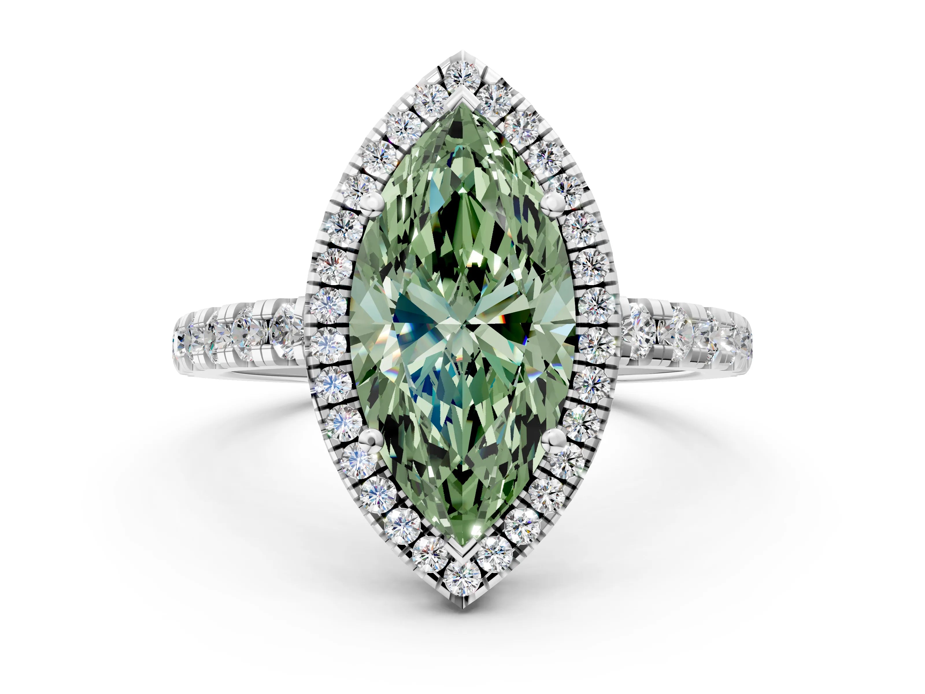 White gold Fancy Green Marquise Cut Diamond Halo Ring with Pavé Band and Four-Prong Setting