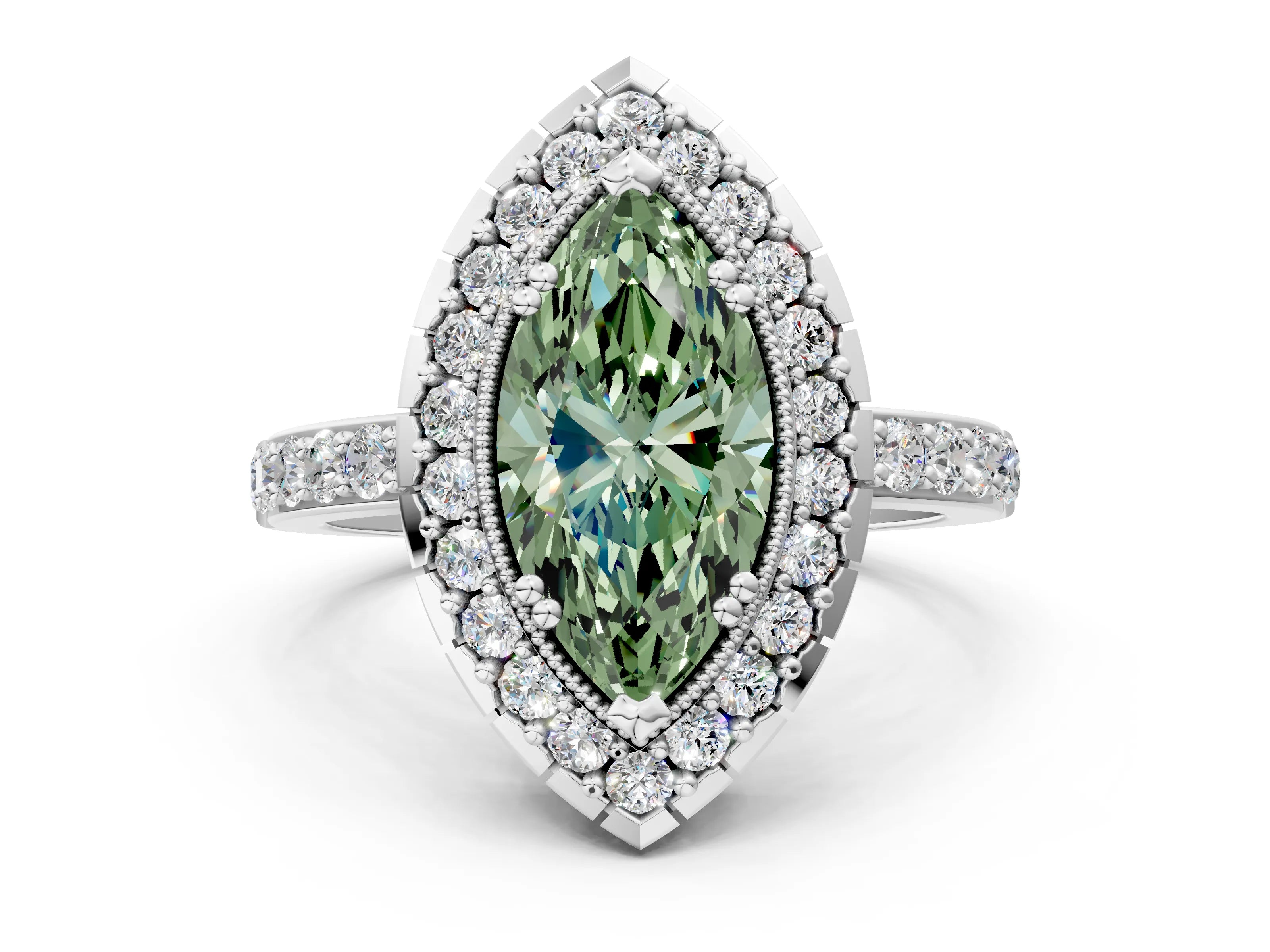 White gold Fancy Green Marquise Cut Diamond Halo Ring with Pavé Band and Prong Setting