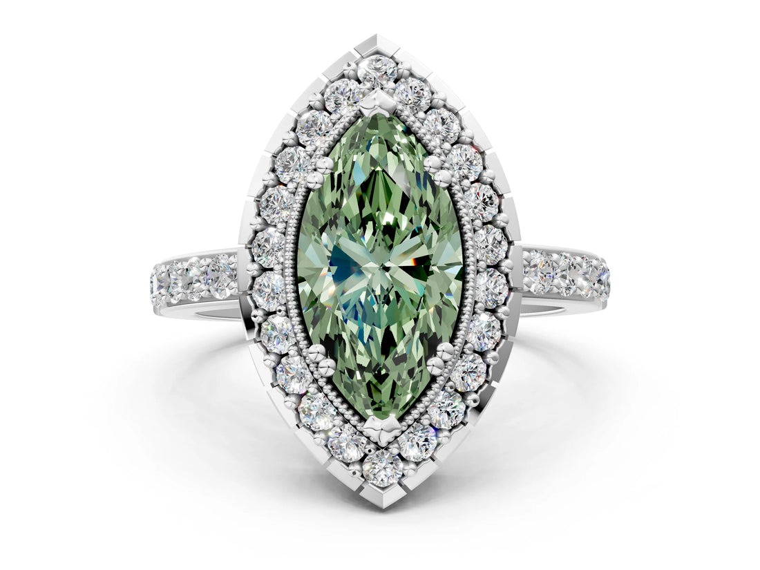 White gold Fancy Green Marquise Cut Diamond Halo Ring with Pavé Band and Prong Setting_12