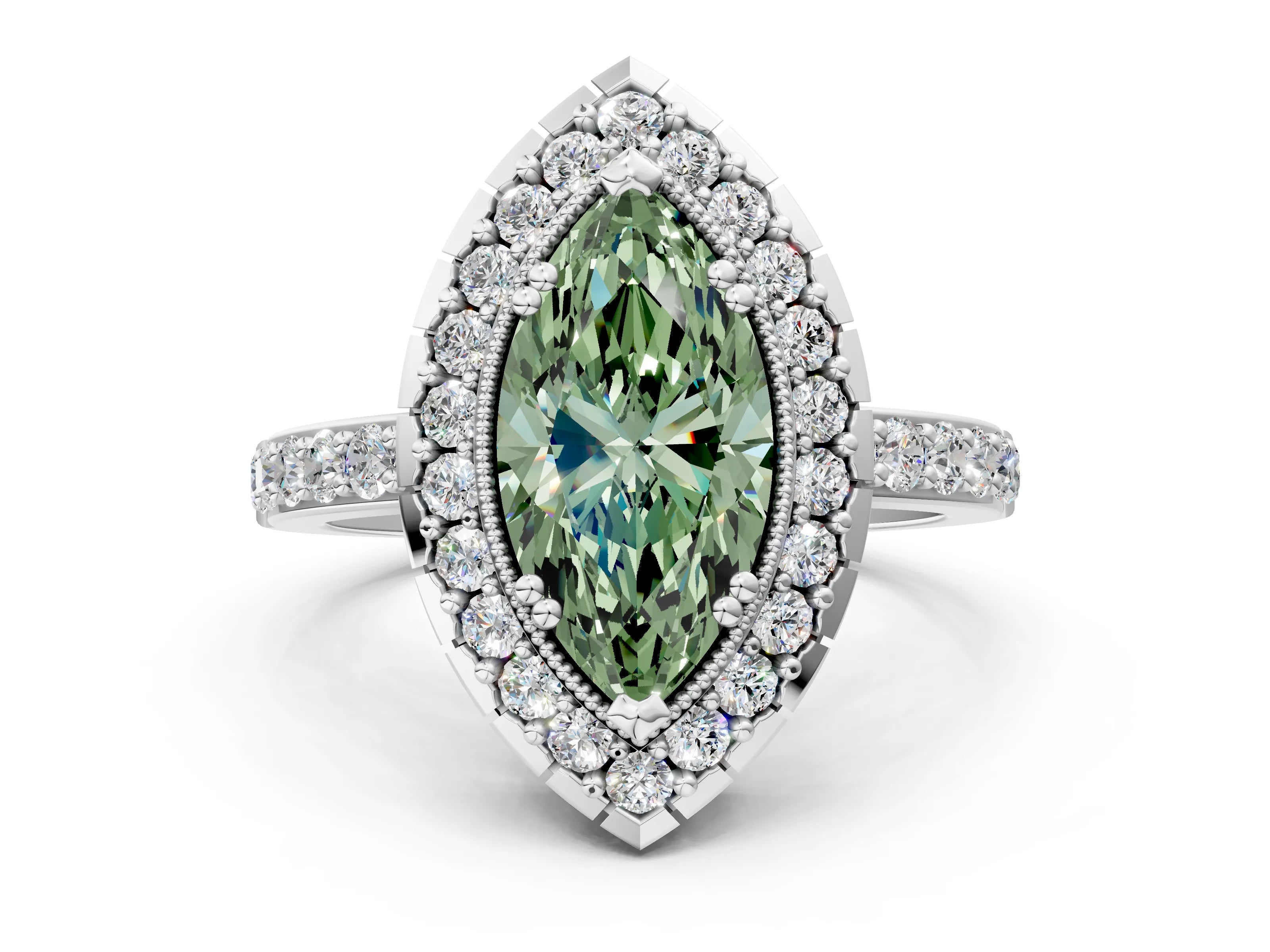 White gold Fancy Green Marquise Cut Diamond Halo Ring with Pavé Band and Prong Setting_12