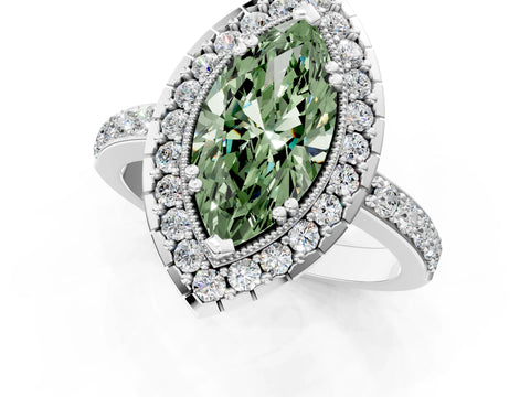 White gold Fancy Green Marquise Cut Diamond Halo Ring with Pavé Band and Prong Setting_13