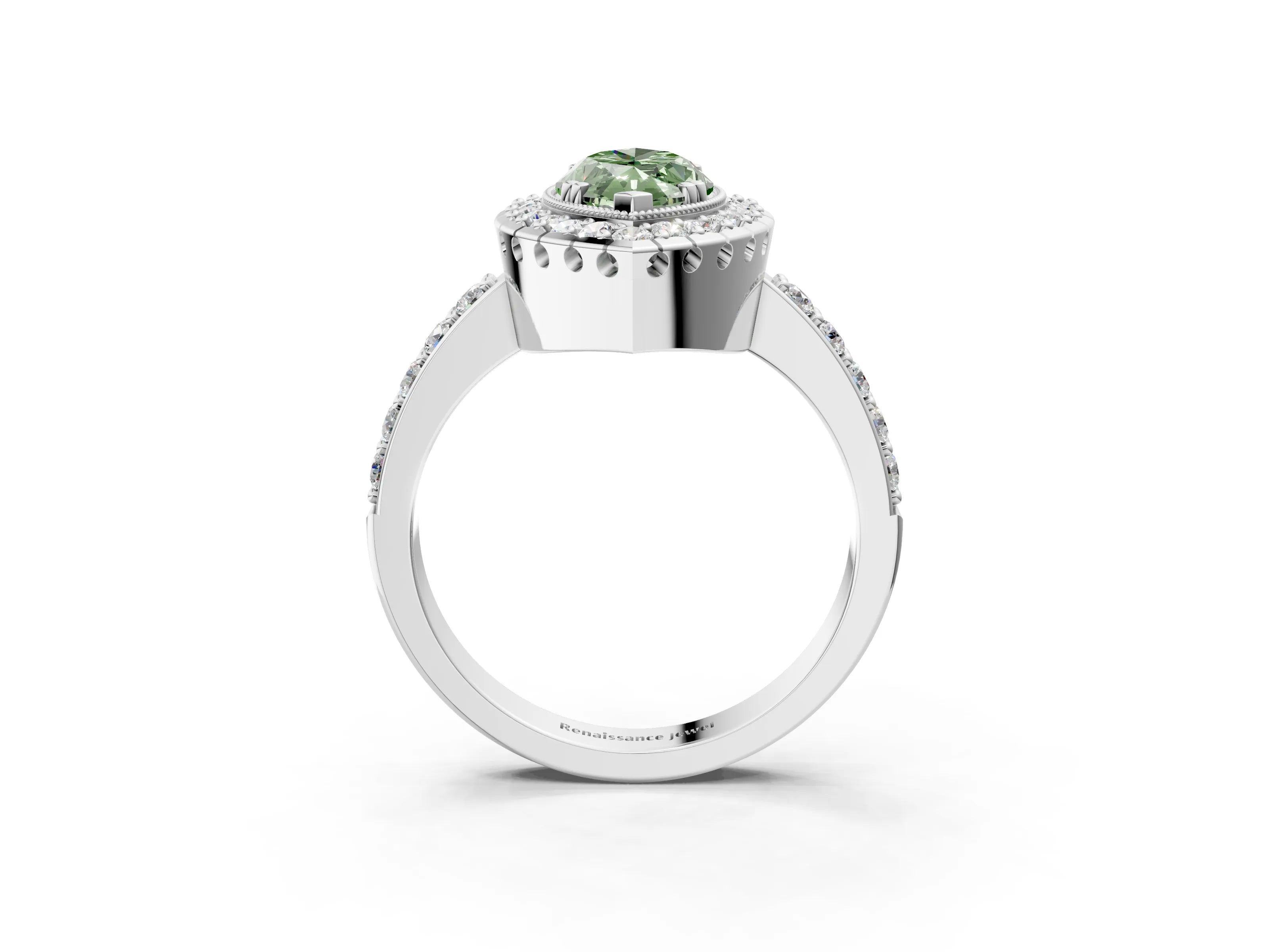 White gold Fancy Green Marquise Cut Diamond Halo Ring with Pavé Band and Prong Setting_15
