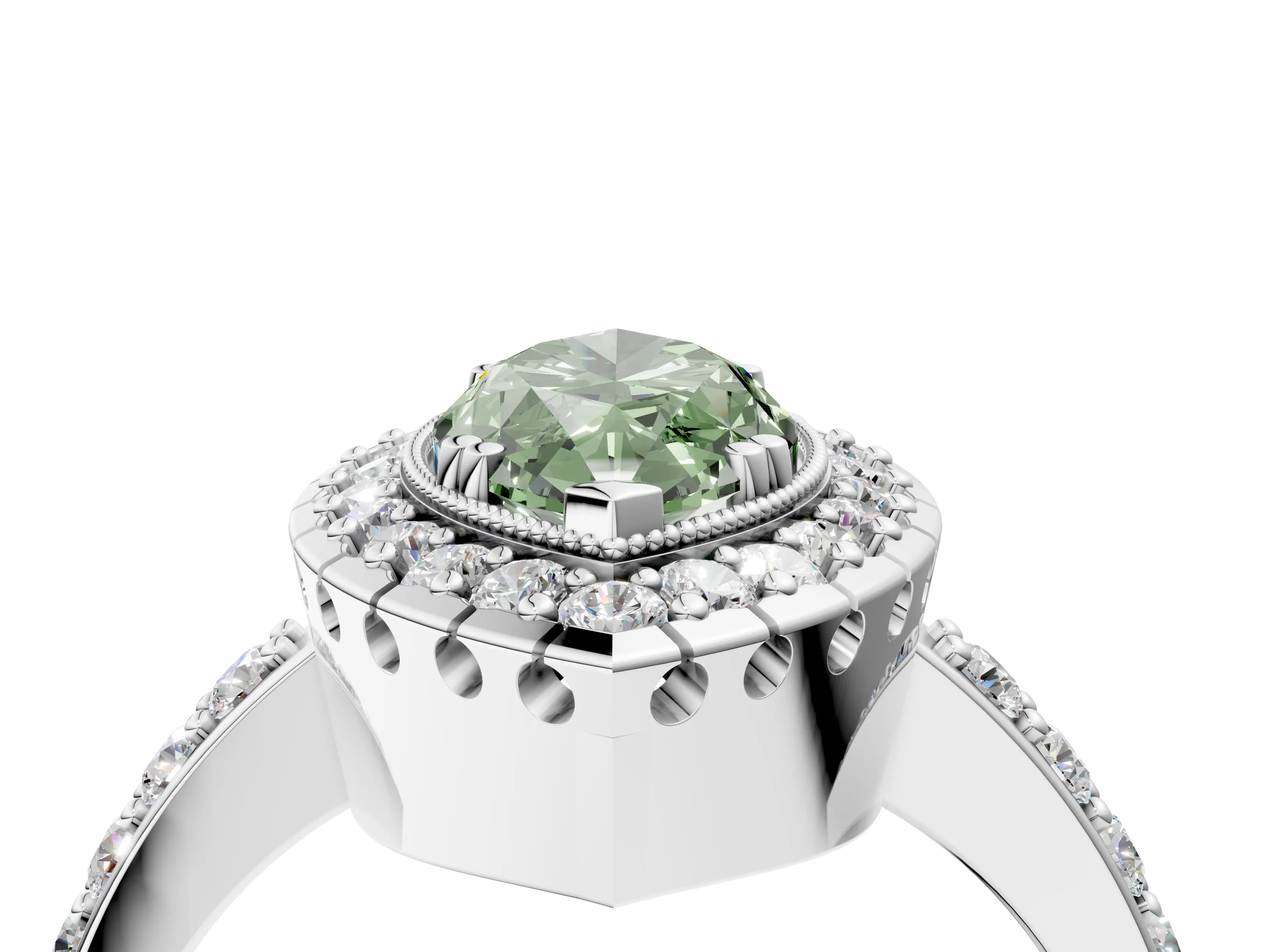 White gold Fancy Green Marquise Cut Diamond Halo Ring with Pavé Band and Prong Setting_16