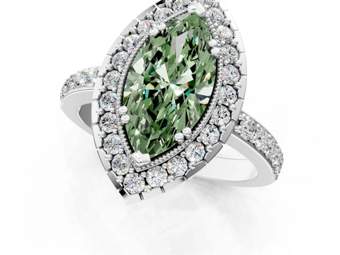 White gold Fancy Green Marquise Cut Diamond Halo Ring with Pavé Band and Prong Setting_1