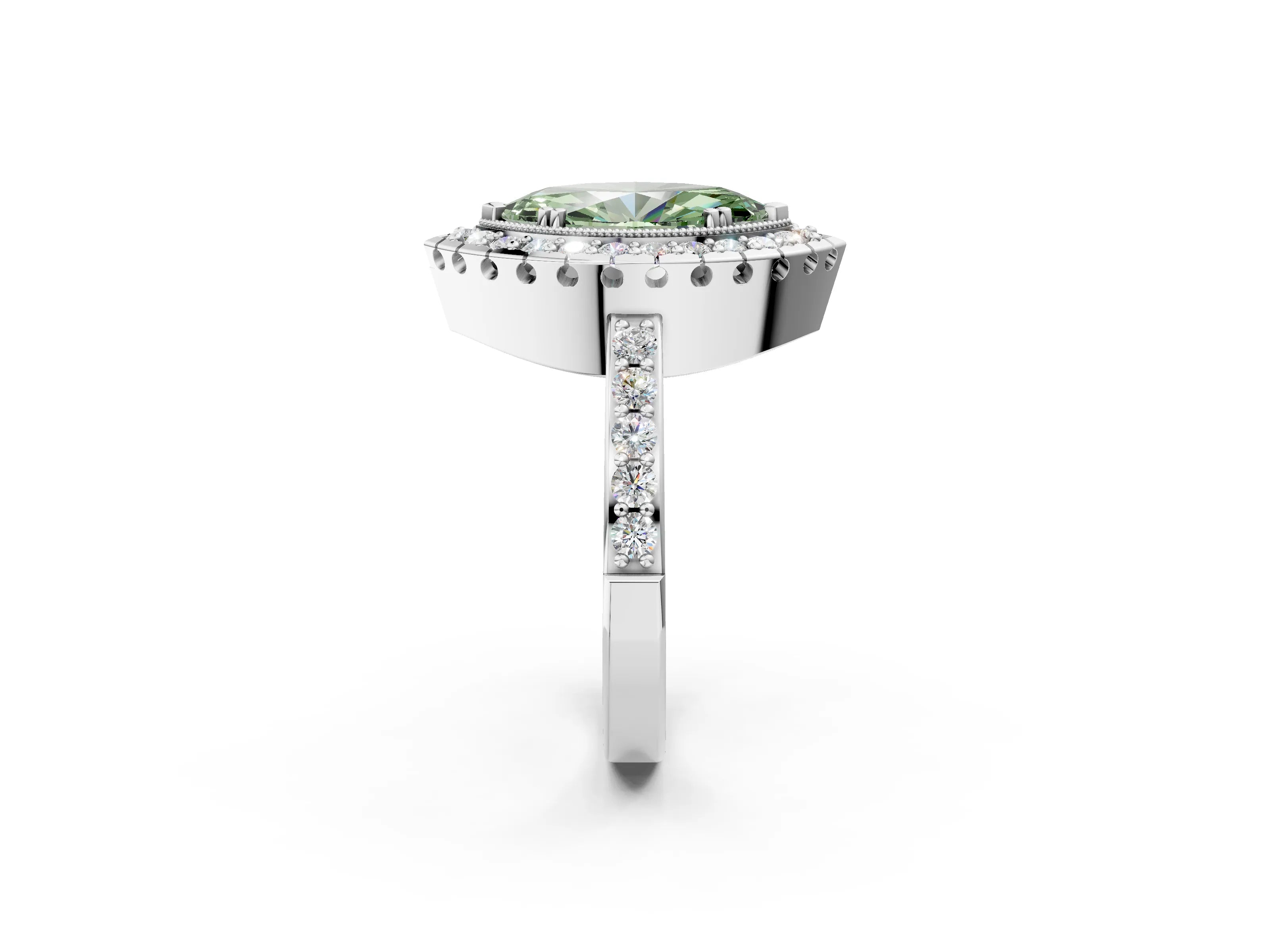 White gold Fancy Green Marquise Cut Diamond Halo Ring with Pavé Band and Prong Setting_2