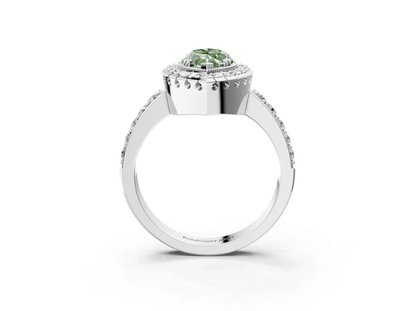 Platinum Fancy Green Marquise Cut Diamond Halo Ring with Pavé Band and Prong Setting