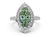 White gold Fancy Green Marquise Cut Diamond Halo Ring with Pavé Band and Prong Setting