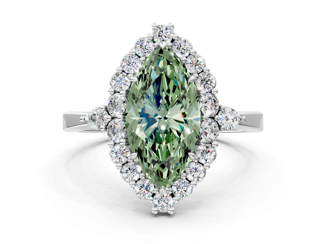 White gold Fancy Green Marquise Cut Diamond Halo Ring with Pear Side Stones and Prong Setting_76