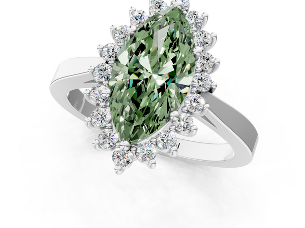 Platinum Fancy Green Marquise  Cut Diamond Halo Ring with Round Brilliant Halo and Solitaire Band