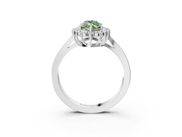 Platinum Fancy Green Marquise  Cut Diamond Halo Ring with Round Brilliant Halo and Solitaire Band
