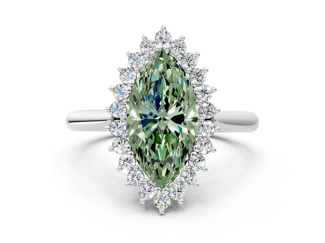 White gold Fancy Green Marquise  Cut Diamond Halo Ring with Solitaire Band and Prong Setting_53