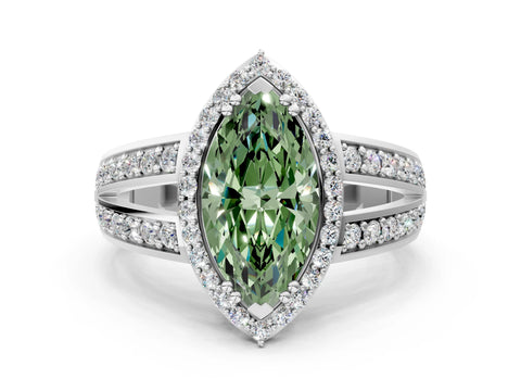 White gold Fancy Green Marquise Cut Diamond Halo Ring with Split Shank Pavé Band and Four-Prong Setting_12