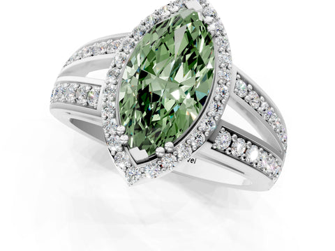 White gold Fancy Green Marquise Cut Diamond Halo Ring with Split Shank Pavé Band and Four-Prong Setting_13