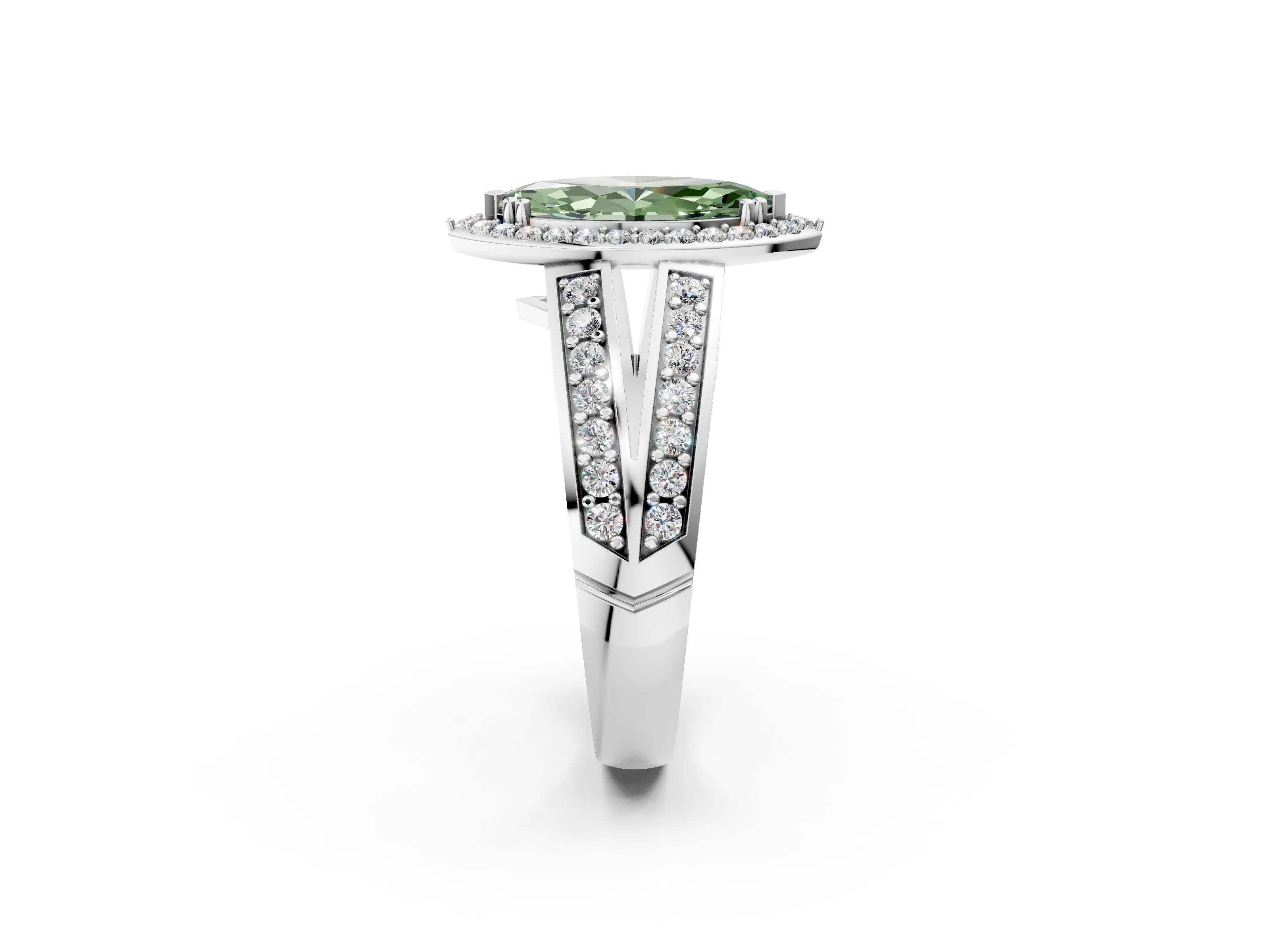 White gold Fancy Green Marquise Cut Diamond Halo Ring with Split Shank Pavé Band and Four-Prong Setting_14