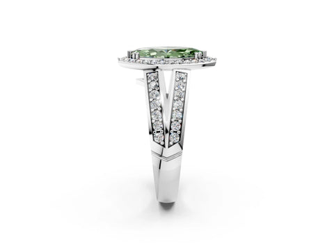 White gold Fancy Green Marquise Cut Diamond Halo Ring with Split Shank Pavé Band and Four-Prong Setting_14