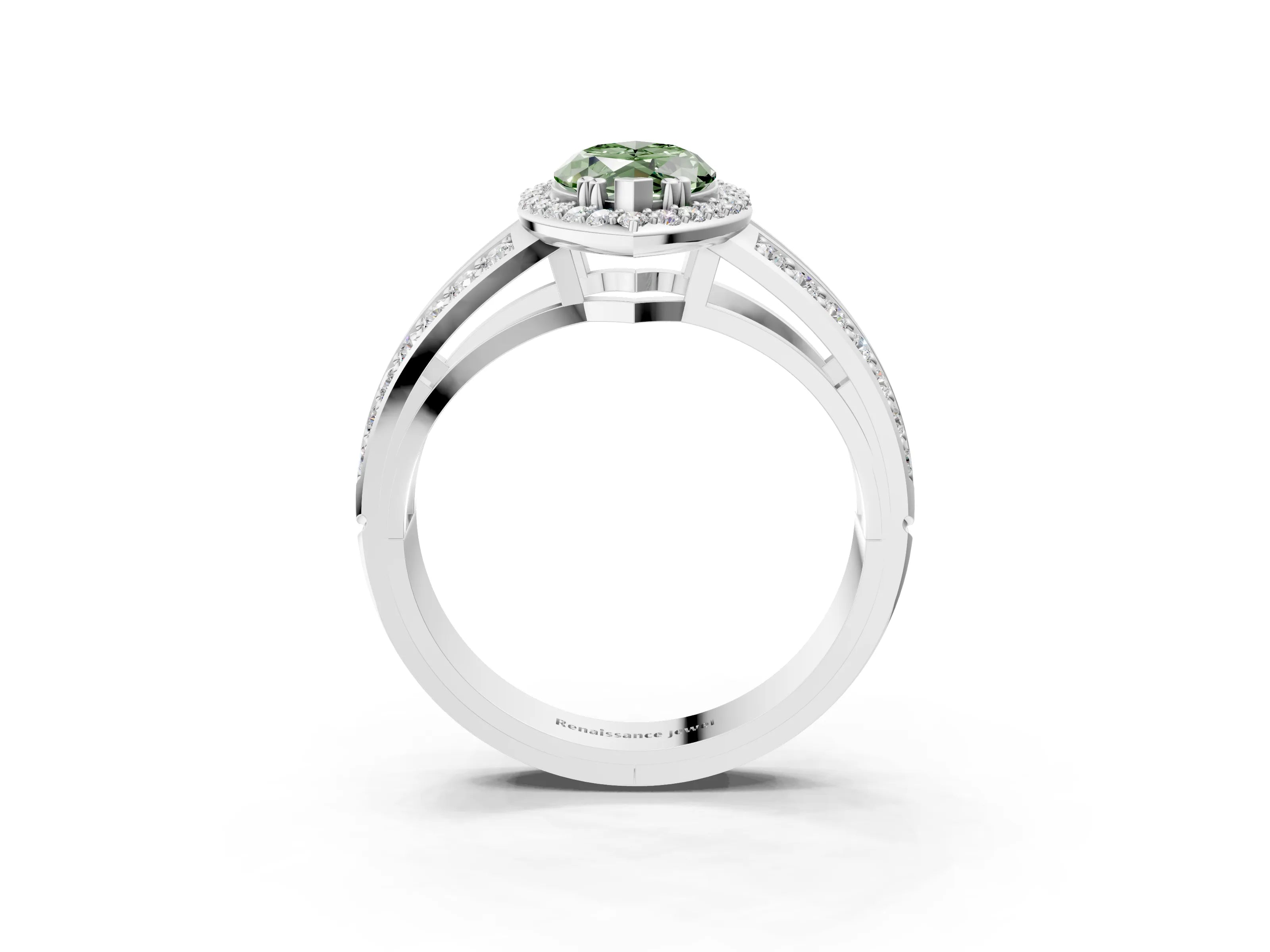 White gold Fancy Green Marquise Cut Diamond Halo Ring with Split Shank Pavé Band and Four-Prong Setting_15