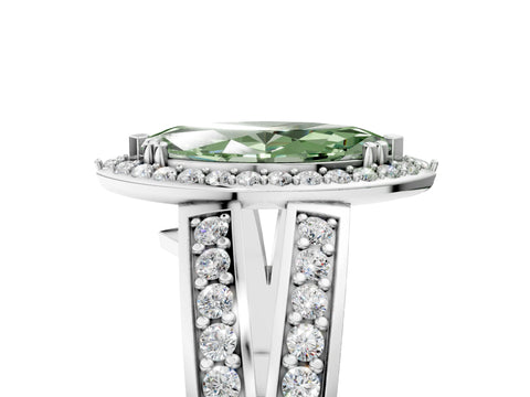 White gold Fancy Green Marquise Cut Diamond Halo Ring with Split Shank Pavé Band and Four-Prong Setting_17