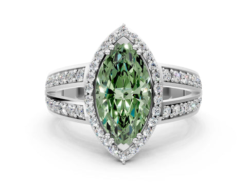 White gold Fancy Green Marquise Cut Diamond Halo Ring with Split Shank Pavé Band and Four-Prong Setting_18