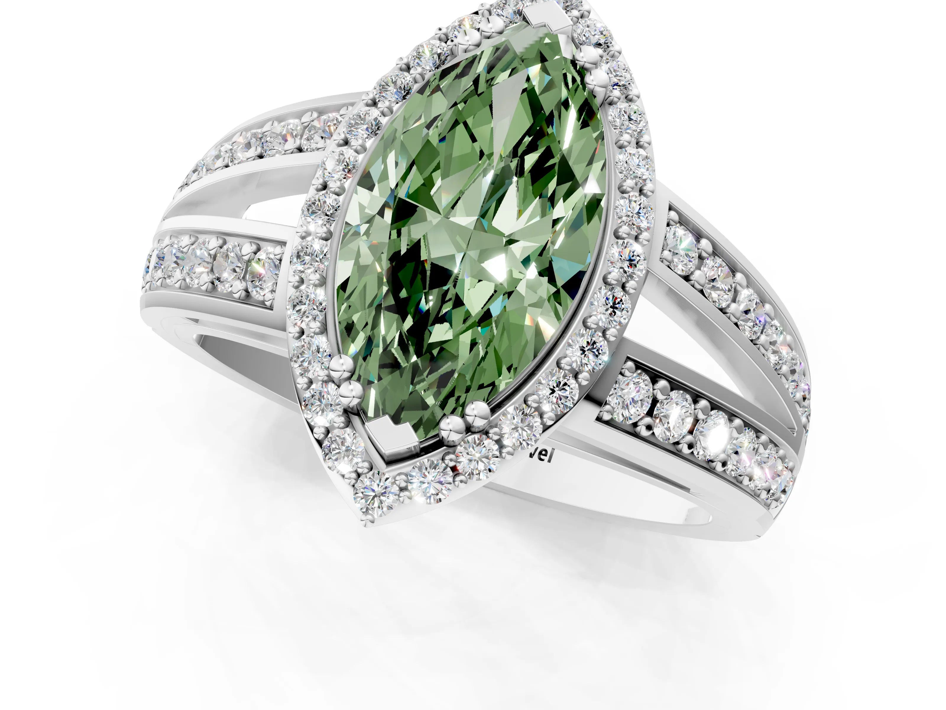 White gold Fancy Green Marquise Cut Diamond Halo Ring with Split Shank Pavé Band and Four-Prong Setting_19
