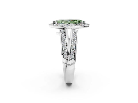 White gold Fancy Green Marquise Cut Diamond Halo Ring with Split Shank Pavé Band and Four-Prong Setting_20