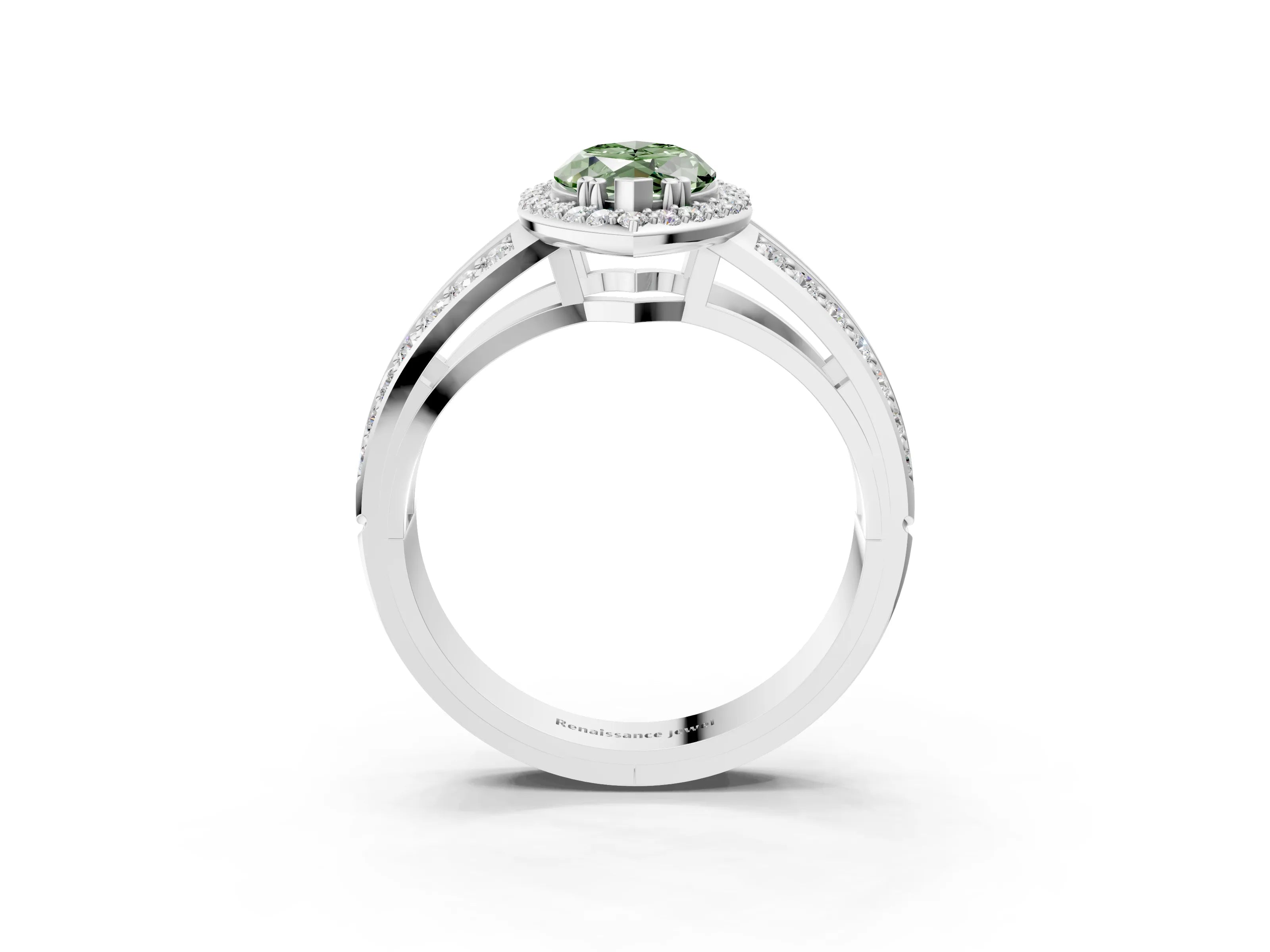 White gold Fancy Green Marquise Cut Diamond Halo Ring with Split Shank Pavé Band and Four-Prong Setting_21