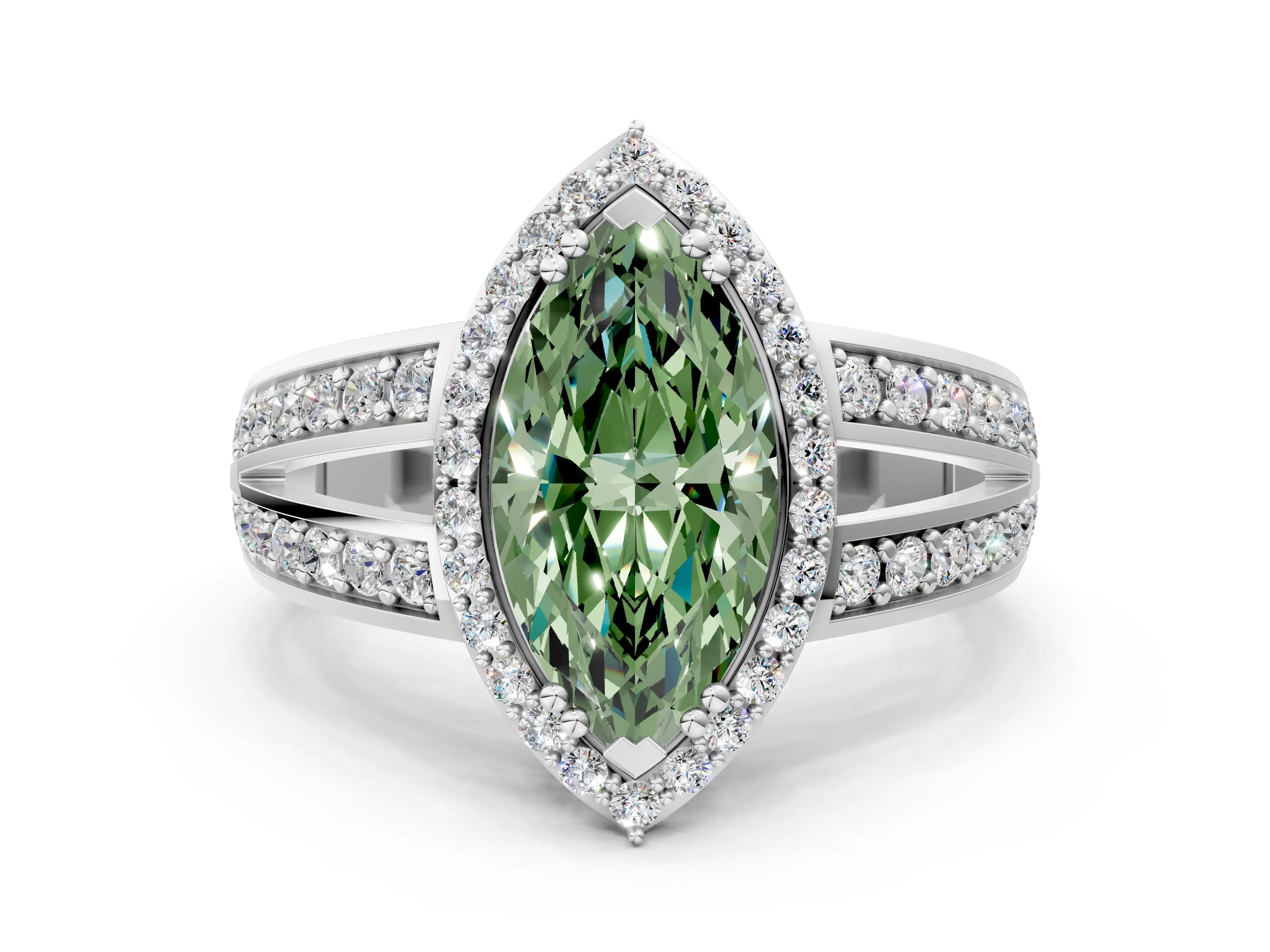 White gold Fancy Green Marquise Cut Diamond Halo Ring with Split Shank Pavé Band and Four-Prong Setting_35