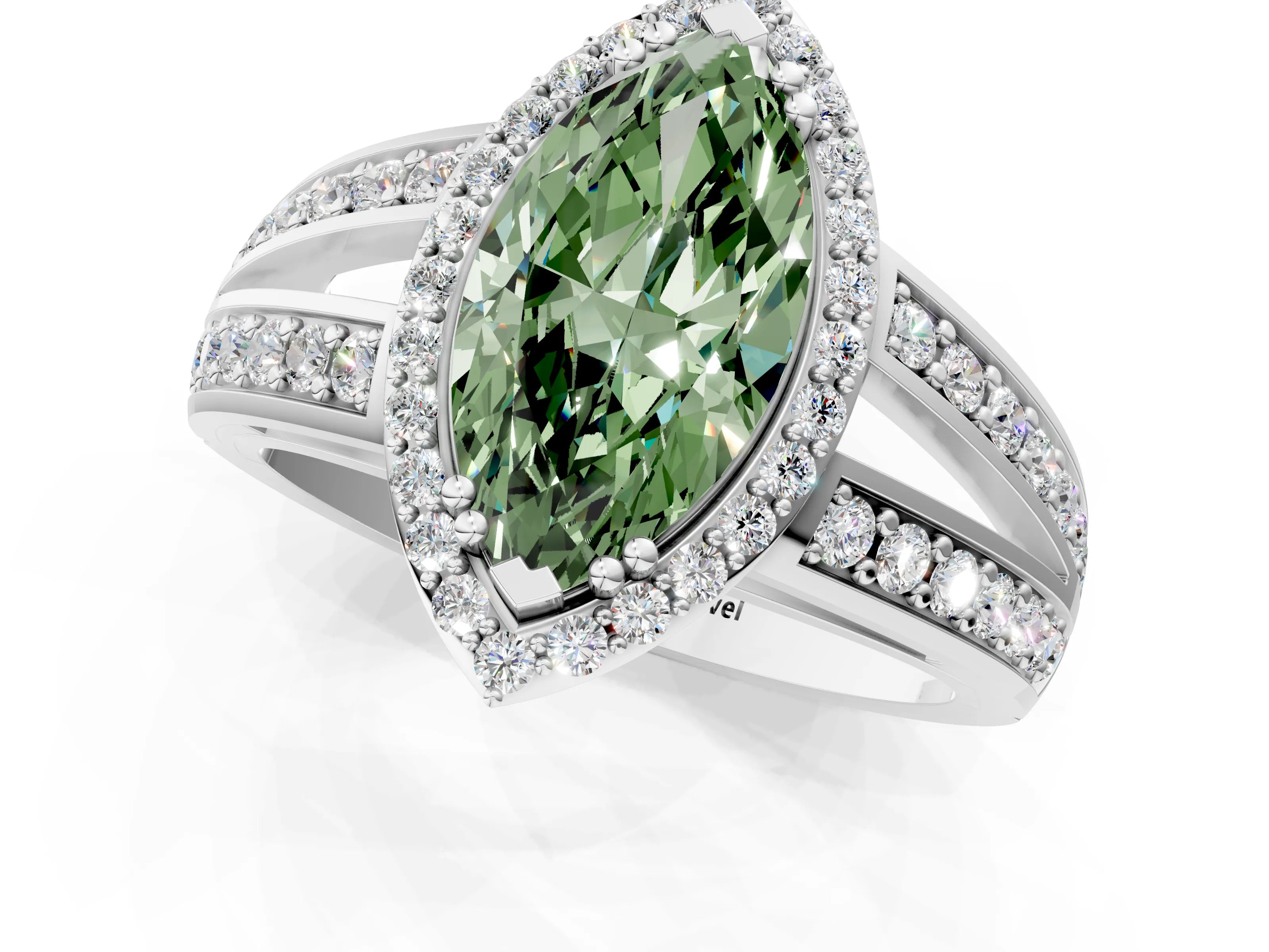 White gold Fancy Green Marquise Cut Diamond Halo Ring with Split Shank Pavé Band and Four-Prong Setting_36