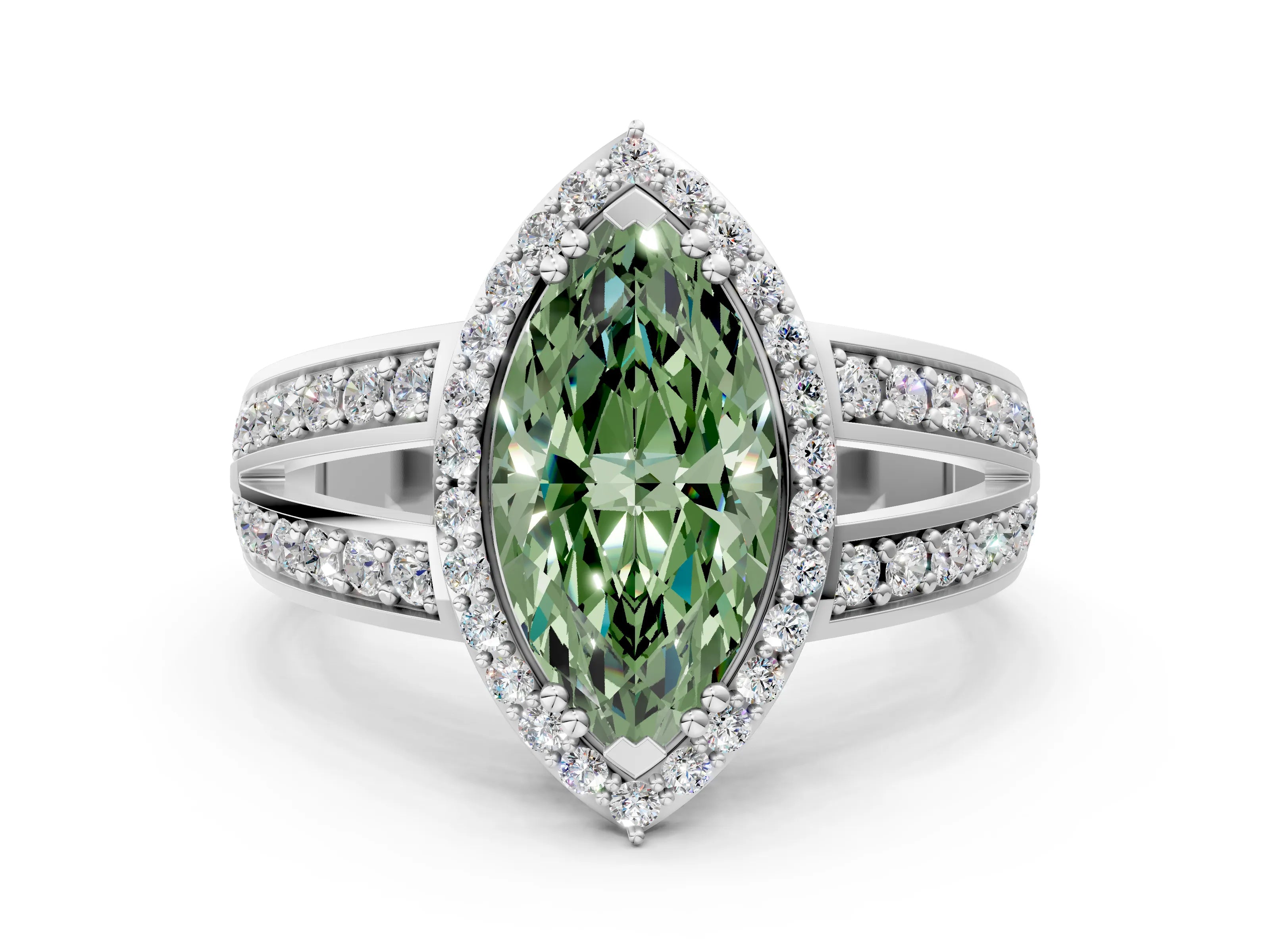 White gold Fancy Green Marquise Cut Diamond Halo Ring with Split Shank Pavé Band and Four-Prong Setting_36