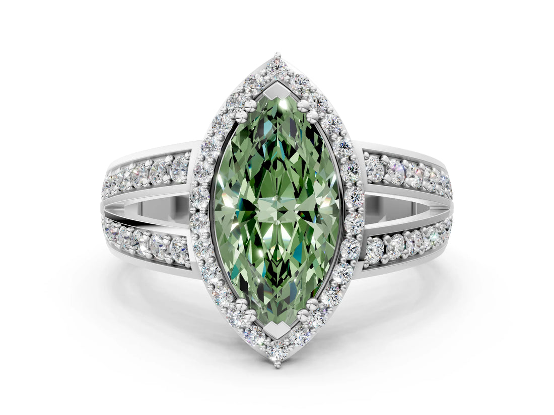 White gold Fancy Green Marquise Cut Diamond Halo Ring with Split Shank Pavé Band and Four-Prong Setting_36