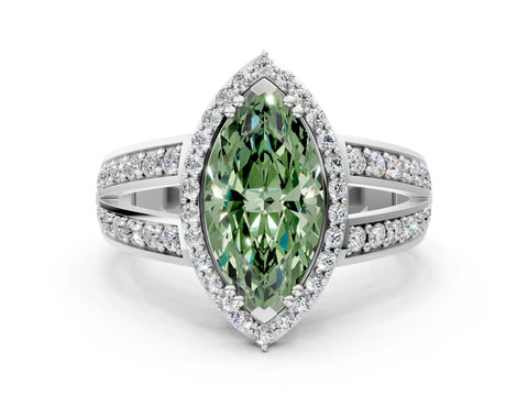 White gold Fancy Green Marquise Cut Diamond Halo Ring with Split Shank Pavé Band and Four-Prong Setting_36