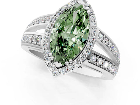 White gold Fancy Green Marquise Cut Diamond Halo Ring with Split Shank Pavé Band and Four-Prong Setting_37