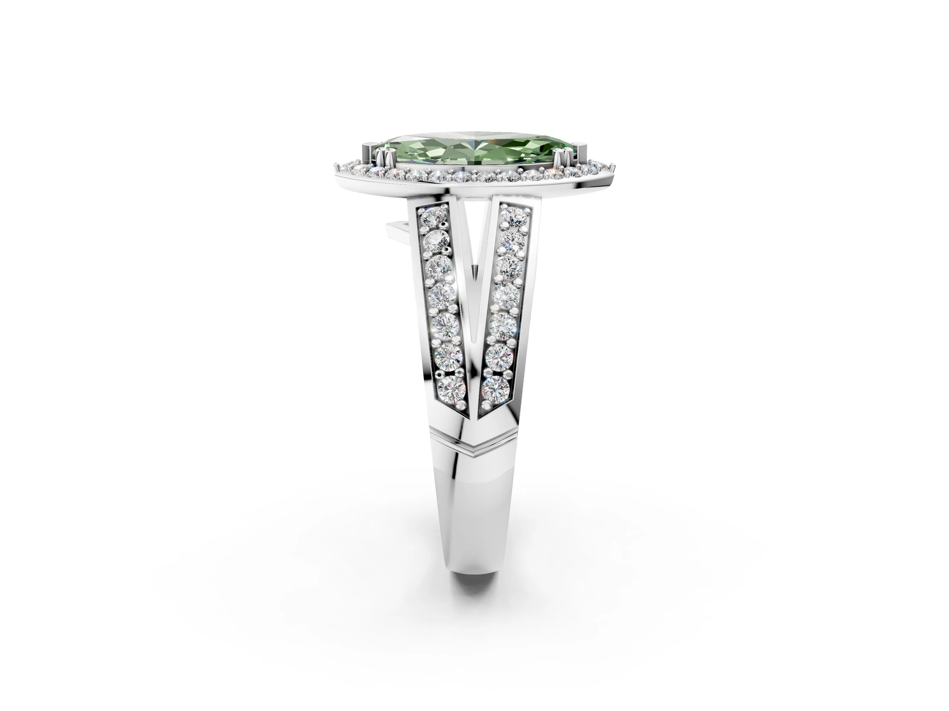 White gold Fancy Green Marquise Cut Diamond Halo Ring with Split Shank Pavé Band and Four-Prong Setting_38