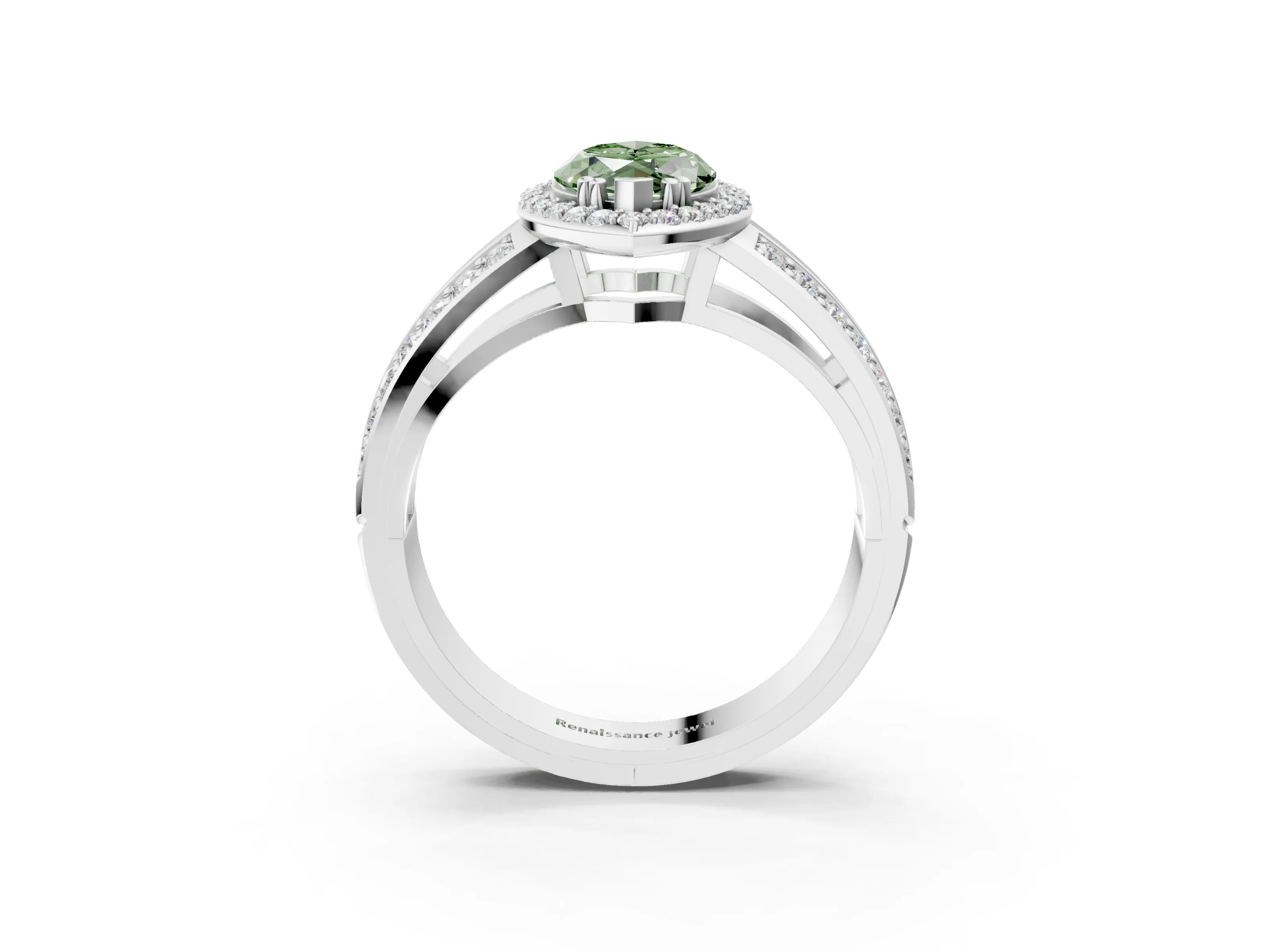 White gold Fancy Green Marquise Cut Diamond Halo Ring with Split Shank Pavé Band and Four-Prong Setting_39