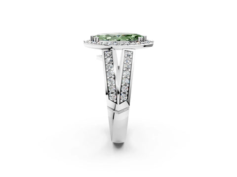 White gold Fancy Green Marquise Cut Diamond Halo Ring with Split Shank Pavé Band and Four-Prong Setting_49
