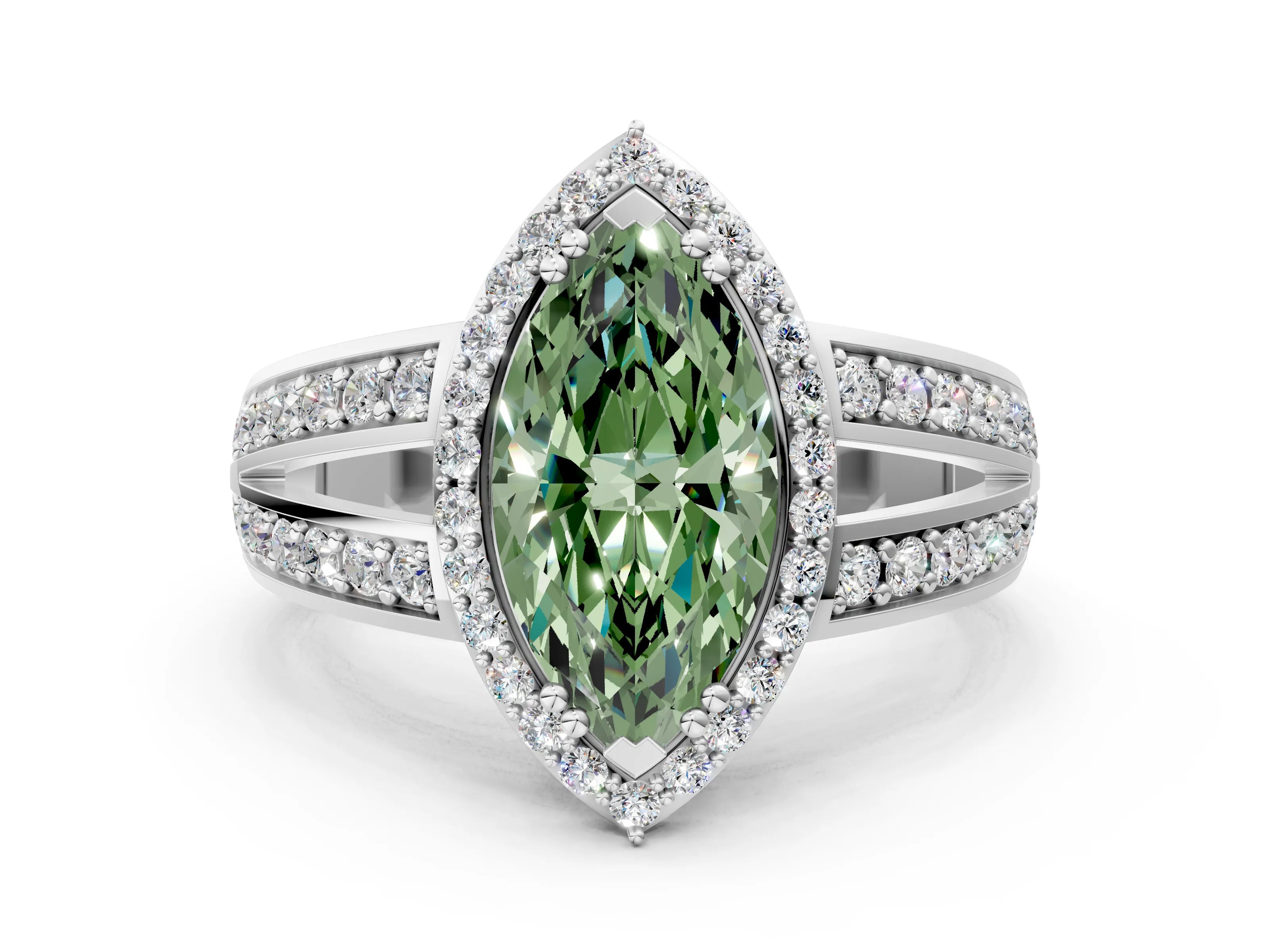 White gold Fancy Green Marquise Cut Diamond Halo Ring with Split Shank Pavé Band and Four-Prong Setting_59